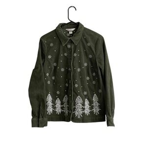 Christopher & Banks Hunter Green Sz Med Holiday Christmas button corduroy top